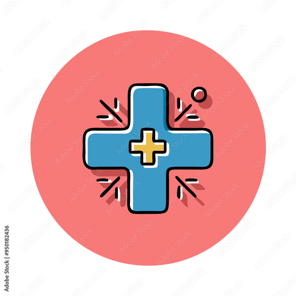 Obraz premium Medical cross icon illustration, healthcare symbol with blue and yellow design, red background