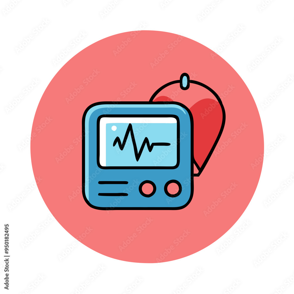 Heart monitor icon with balloon, medical device illustration on red background Heart monitor icon with balloon, medical device illustration on red background