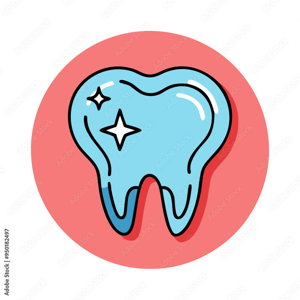 Shiny tooth illustration, dental health symbol with sparkles, blue and red color scheme Shiny tooth illustration, dental health symbol with sparkles, blue and red color scheme