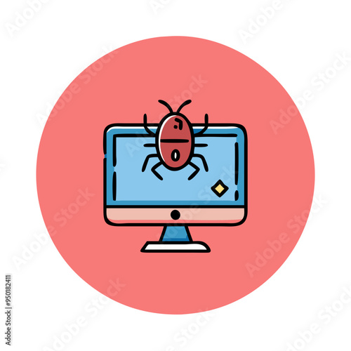 Computer with bug icon illustration, cybersecurity threat, virus on monitor, red and blue color scheme