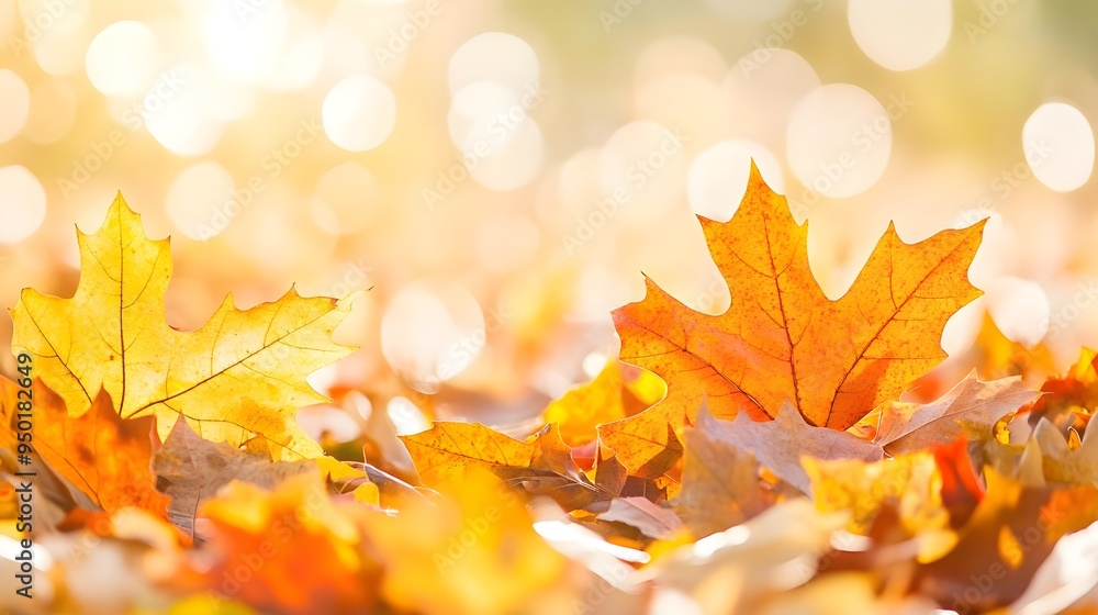 Fototapeta premium Golden Autumn Leaves Closeup, Sunlit Background