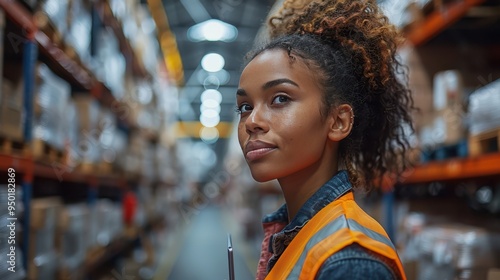 Efficient Female Warehouse Worker Using Tablet to Manage Inventory with Boxes Stacked on Shelves