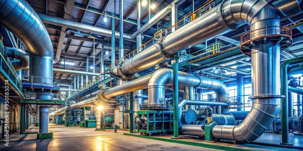 Modern industrial power plant interior with giant pipes and equipment, power plant, industrial, energy Modern industrial power plant interior with giant pipes and equipment, power plant, industrial, energy