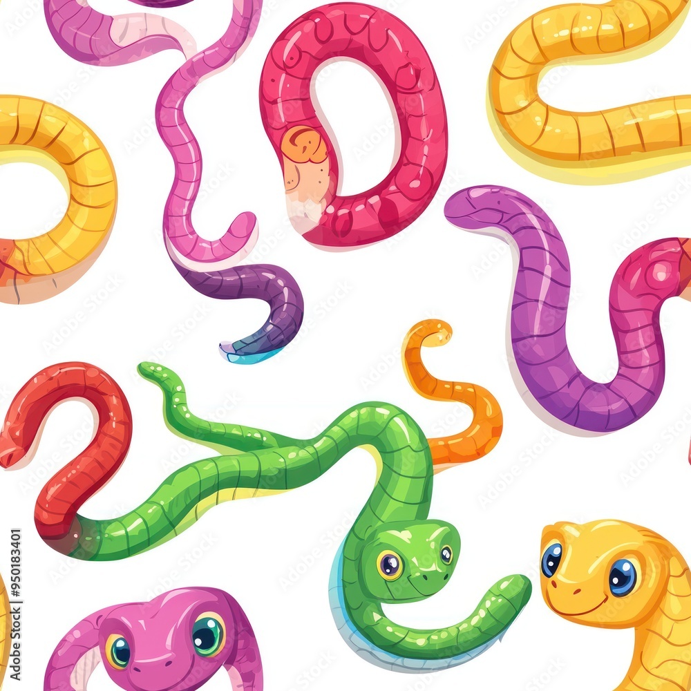 A colorful pattern of cartoon snakes in various styles and colors. A colorful pattern of cartoon snakes in various styles and colors.