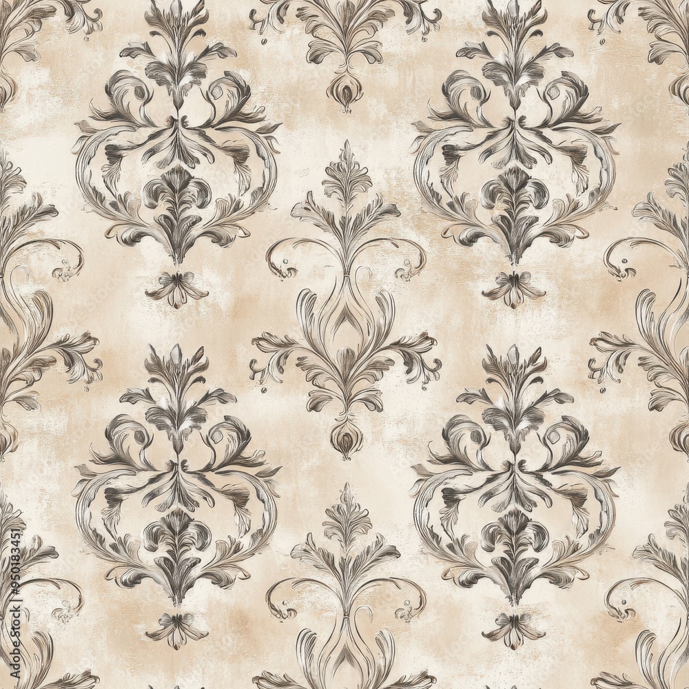 Fototapeta premium Vintage Baroque ornate scroll pattern on vintage beige fabric background, seamless repeating pattern, textile print style, minimal, Baroque design, seamless scroll pattern, home decor, textile