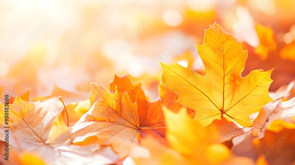 Fototapeta premium Golden Autumn Leaves, Warm Sunlight, Nature Background