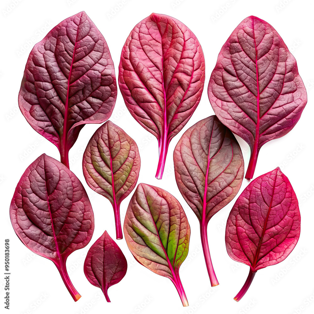 Obraz premium Nine red spinach leaves are arranged on a white background, showing their vibrant colors and detailed veins