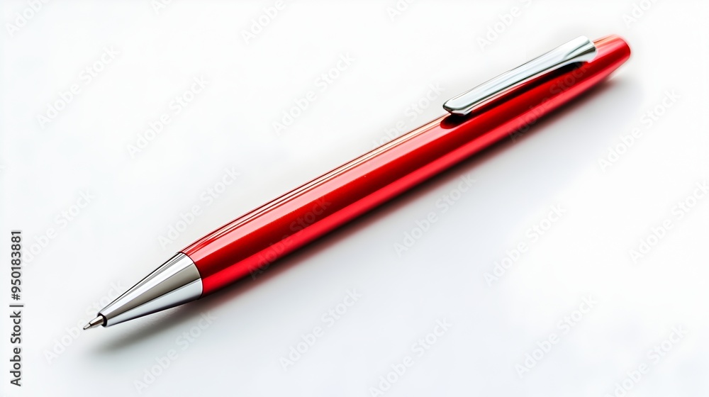 Vibrant Red Ballpoint Pen Resting on Minimalist White Surface Vibrant Red Ballpoint Pen Resting on Minimalist White Surface