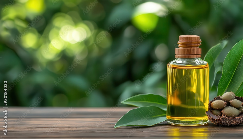 Bottle of argan oil with fresh leaves, nuts on wooden surface against nature background, highlighting natural skincare and beauty products. Bottle of argan oil with fresh leaves, nuts on wooden surface against nature background, highlighting natural skincare and beauty products.