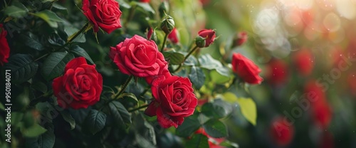 Blooming Red Roses in a Garden with Soft Sunlight