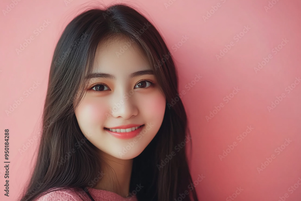 Positive female smiling on solid background Positive female smiling on solid background