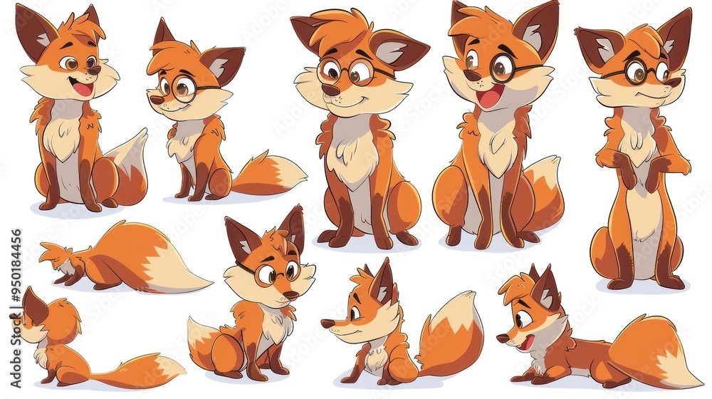 Fototapeta premium A collection of cartoon fox character poses and expressions for illustration or animation.