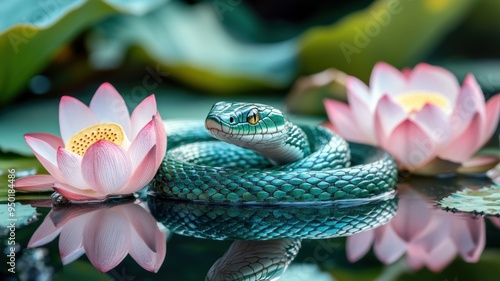 Peaceful wooden snake among...