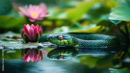 Detailed green snake and wa...