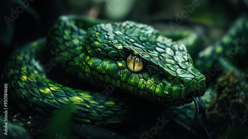 Mystical green wooden snake with glowing eyes, creating a sense of mystery. photo