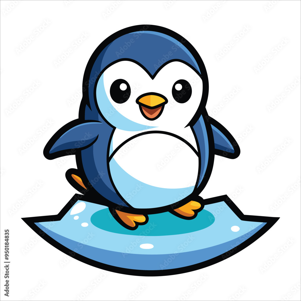 Obraz premium Sticker of a Cute Penguin Sliding on Ice - Kawaii Contour Vector on White Background 