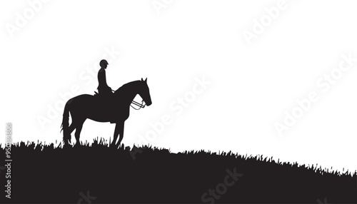 Silhouette of a Person Riding a Horse in Grassland Isolated on White Background