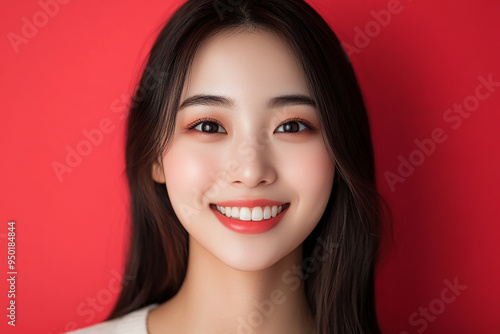 Positive female smiling on solid background