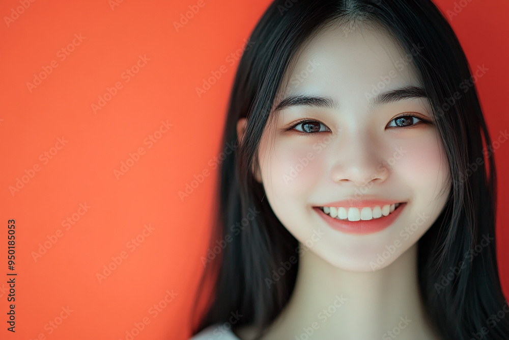 Positive female smiling on solid background Positive female smiling on solid background