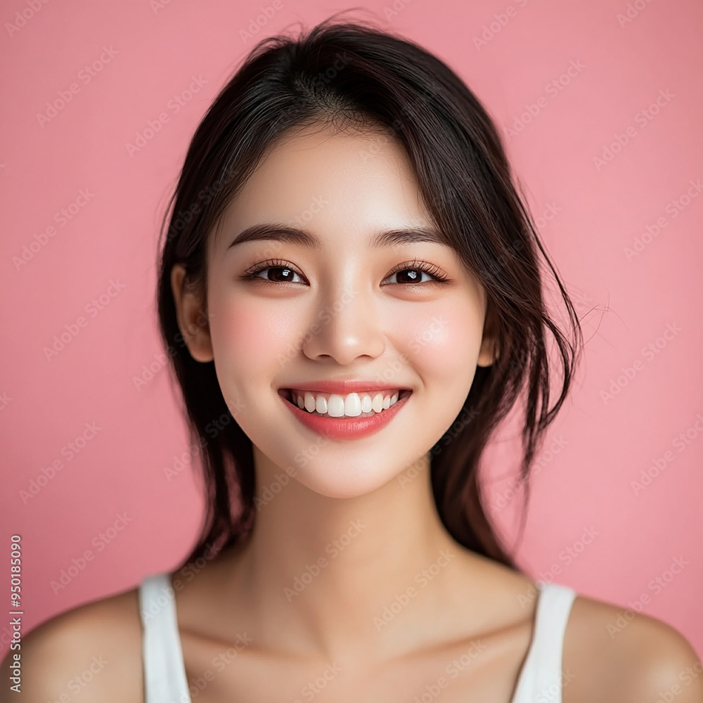 Positive female smiling on solid background Positive female smiling on solid background