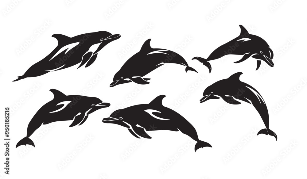 Naklejka premium Collection of Dolphin Silhouettes in Various Poses Isolated on White Background