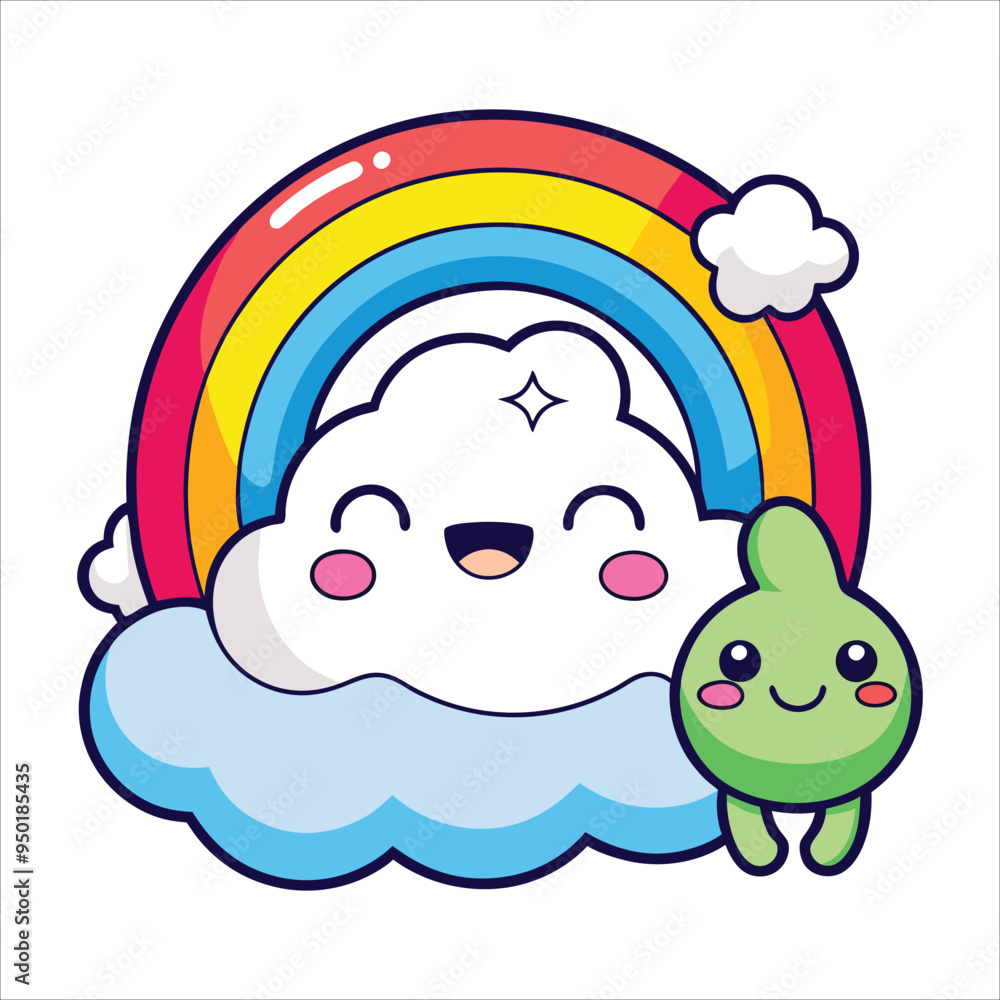 Obraz premium Sticker of a Smiling Rainbow with Cloud Friends - Cartoon Contour Vector on White Background 