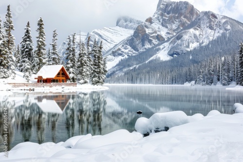 A cabin is surrounded by snow and trees, with a lake in the background. The scene is peaceful and serene, with the snow-covered landscape creating a sense of calm and tranquility photo