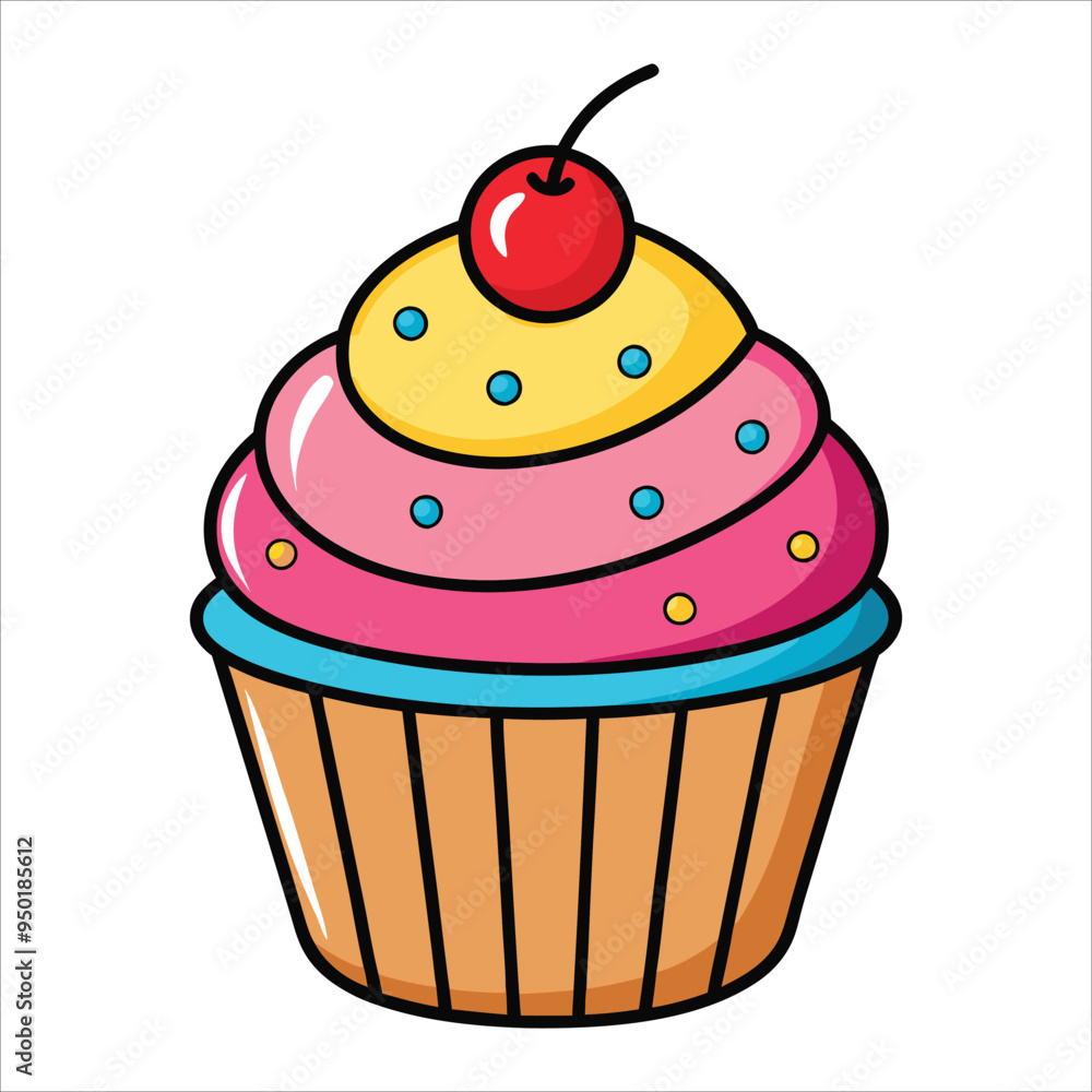Sticker of a Delightful Cupcake with Sprinkles and a Cherry on Top - Cartoon Contour Vector on White Background
Sticker of a Delightful Cupcake with Sprinkles and a Cherry on Top - Cartoon Contour Vector on White Background