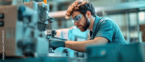 European engineer operating an injection molding machine, plastic manufacturing, modern factory, sharp focus, highly detailed environment