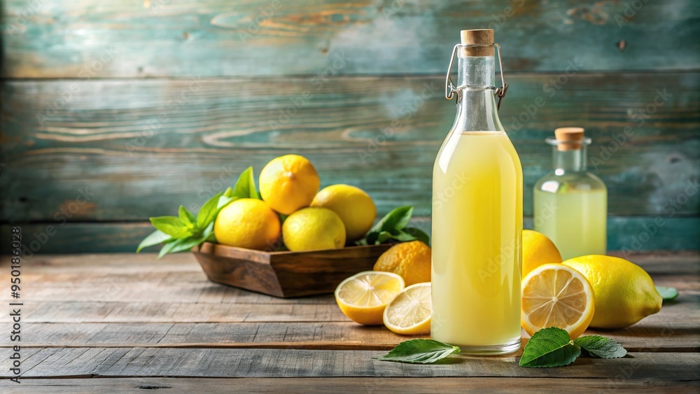 Bottle of refreshing limoncello and lemonade with fresh lemons, homemade, alcoholic, beverage, summer, refreshing, fruit, delicious, fresh, cold, natural, yellow, isolated, glass Bottle of refreshing limoncello and lemonade with fresh lemons, homemade, alcoholic, beverage, summer, refreshing, fruit, delicious, fresh, cold, natural, yellow, isolated, glass