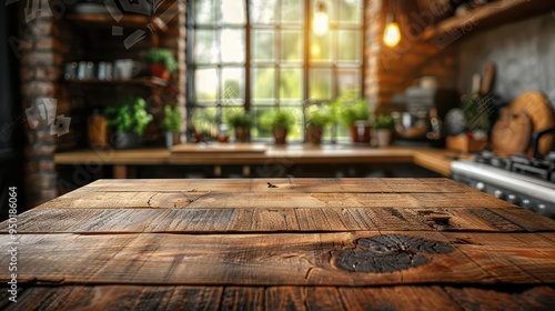 Cozy Kitchen Ambiance: Wooden Table with Blurred Appliances in Warm Setting