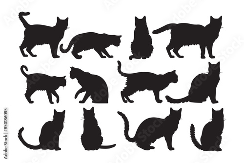 Collection of Cat Silhouettes in Various Poses Isolated on White Background