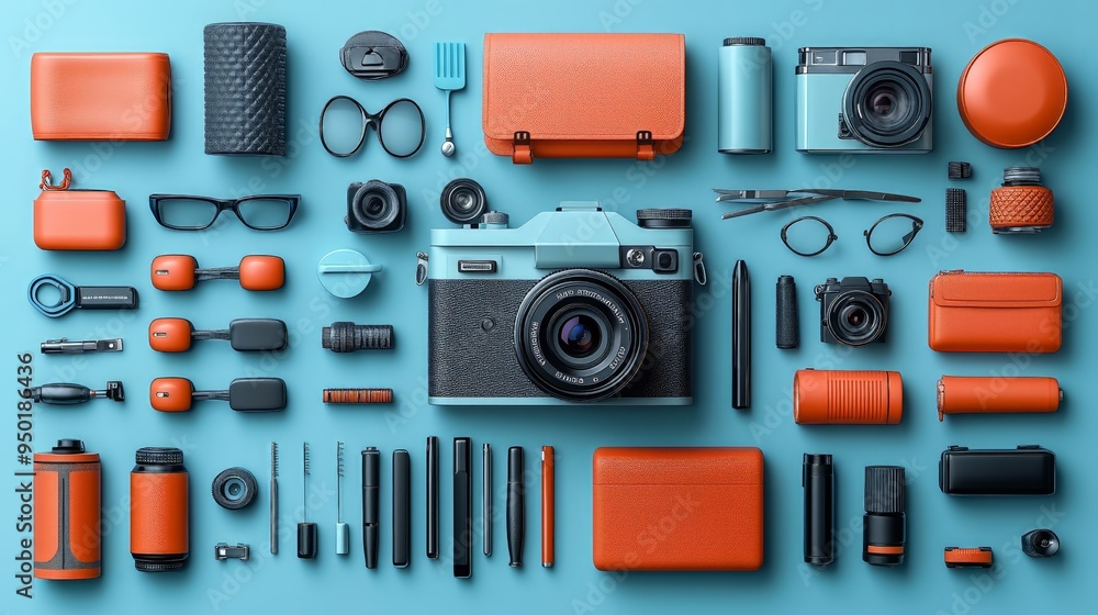 An array of professional photography gear and accessories meticulously organized on a vibrant blue backdrop. An array of professional photography gear and accessories meticulously organized on a vibrant blue backdrop.