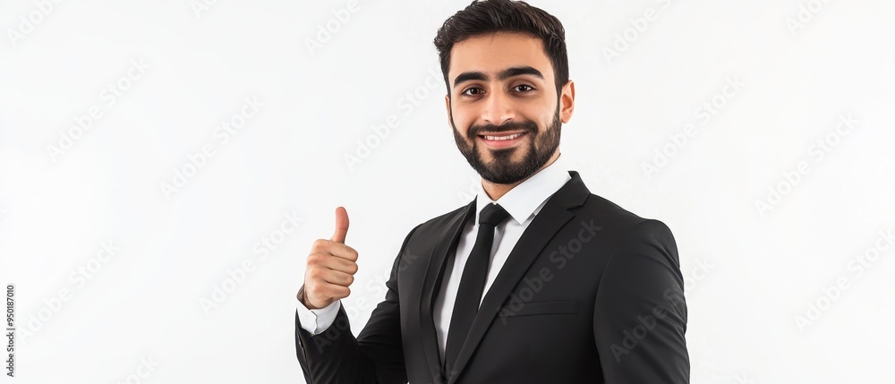 Confident Middle-Eastern man in business attire, showing a thumbs up with a positive expression, isolated on a plain white background. Confident Middle-Eastern man in business attire, showing a thumbs up with a positive expression, isolated on a plain white background.