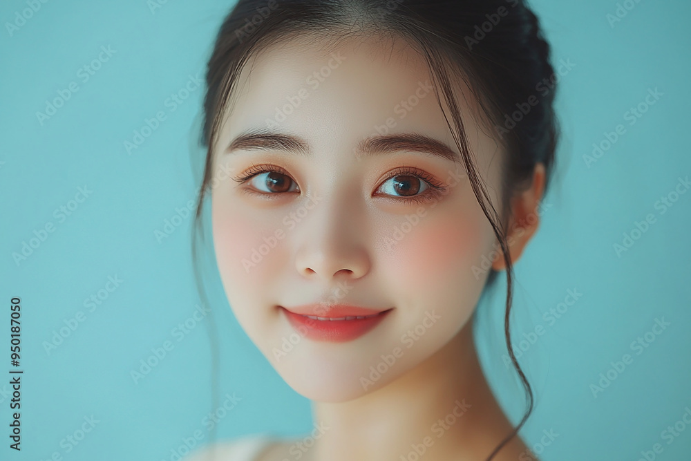 Naklejka premium Positive female smiling on solid background