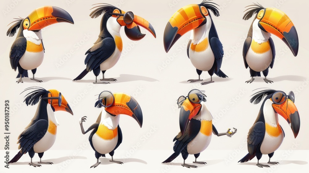 A collection of cartoon toucans showcasing various expressions and poses. A collection of cartoon toucans showcasing various expressions and poses.