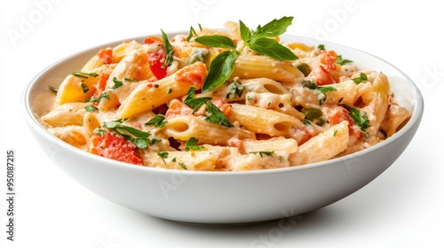 Delicious penne pasta served in a creamy sauce with fresh herbs and vegetables, perfect for any meal.