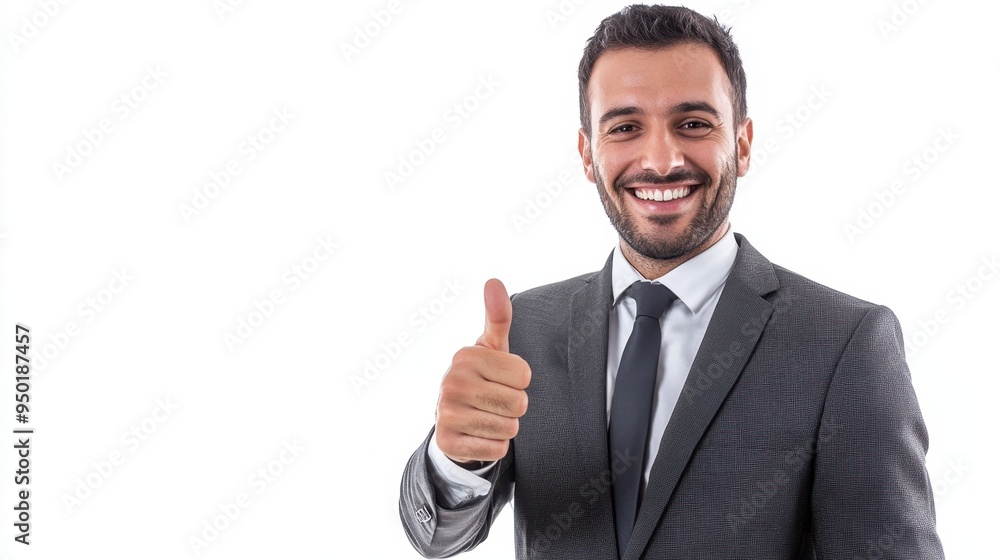 Smiling Middle-Eastern man in business clothes, giving a thumbs up with a positive expression, isolated against a bright white background. Smiling Middle-Eastern man in business clothes, giving a thumbs up with a positive expression, isolated against a bright white background.