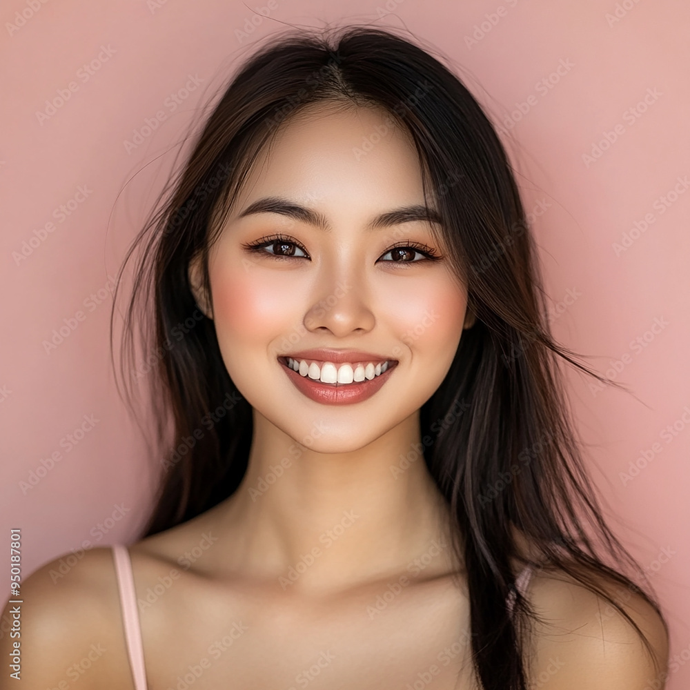 Naklejka premium Positive woman smiling and showing skin care on solid background