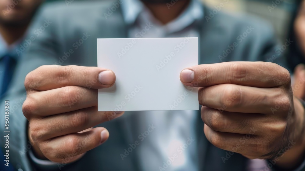 Team members hold a blank ask an expert card for discussion at a business meeting Team members hold a blank ask an expert card for discussion at a business meeting