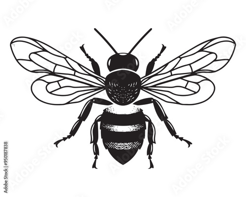  Vintage Black and White Vector Illustration of a Honeybee in Engraved Style hand-drawn