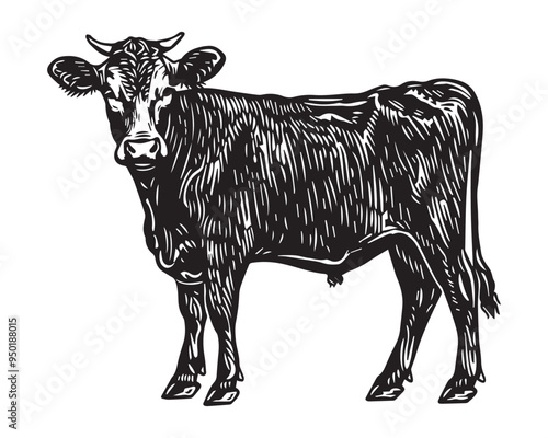  Vintage black and white cow illustration in engraving style with hand-drawn details