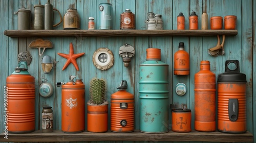 A variety of vintage gas cylinders and camping gear neatly displayed on shelves against a rustic turquoise wooden background. photo