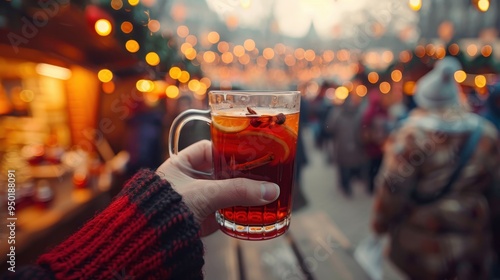 Wallpaper Mural A person enjoys a warm glass of mulled wine at a lively Christmas market during festive celebrations Torontodigital.ca