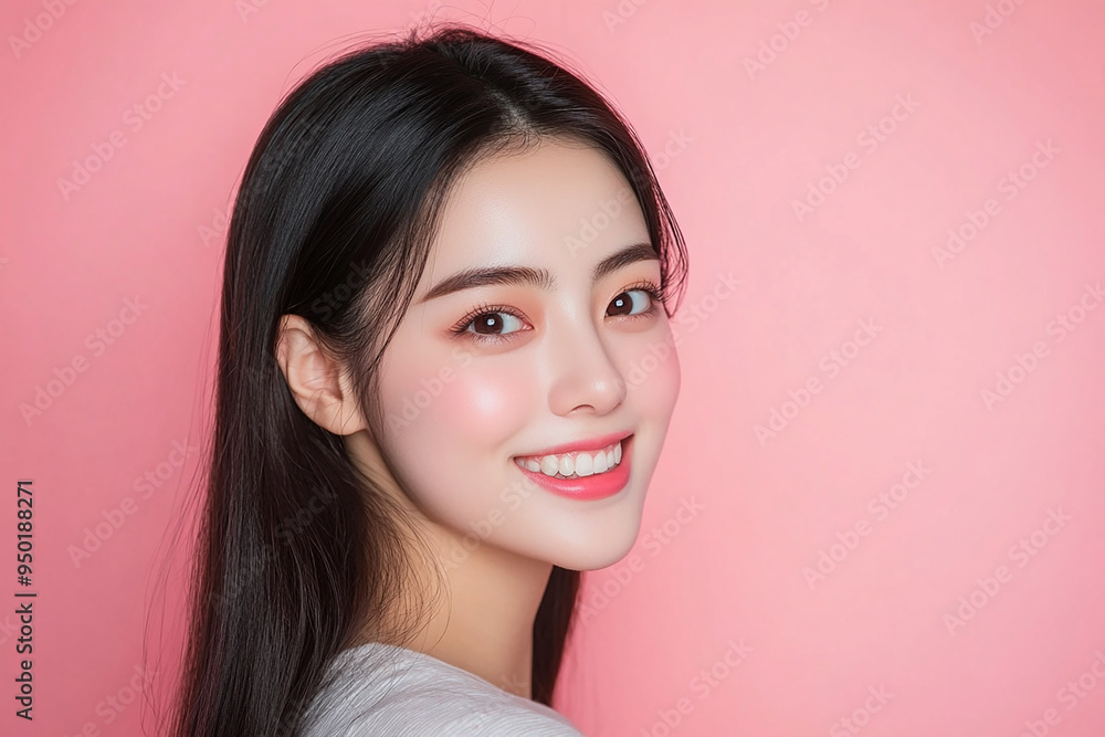 Positive woman smiling and showing skin care on solid background Positive woman smiling and showing skin care on solid background