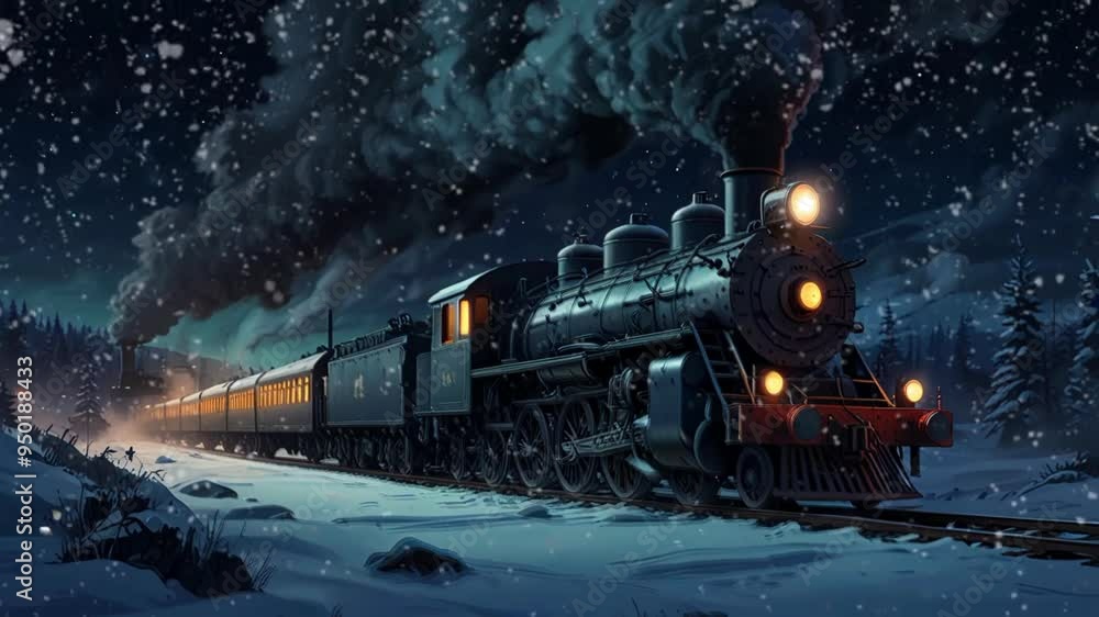 locomotive, steam train that passes during a snowy winter night. Seamless looping 4k video animation locomotive, steam train that passes during a snowy winter night. Seamless looping 4k video animation
