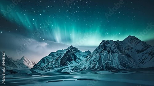 Northern Lights Symphony: A breathtaking panorama of the Aurora Borealis dancing over snow-capped mountains, casting an ethereal glow on the frozen landscape. A celestial spectacle of nature's artistr photo