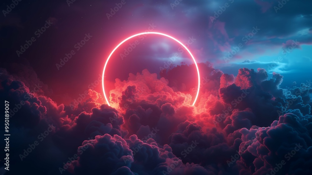 3d render, abstract cloud illuminated with neon light ring on dark night sky. Glowing geometric shape, round frame. 3d render, abstract cloud illuminated with neon light ring on dark night sky. Glowing geometric shape, round frame.