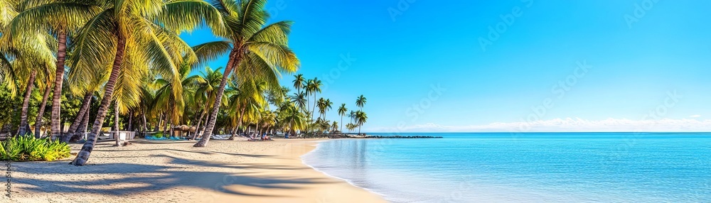 Fototapeta premium Palm trees casting long shadows on a pristine tropical beach at golden hour