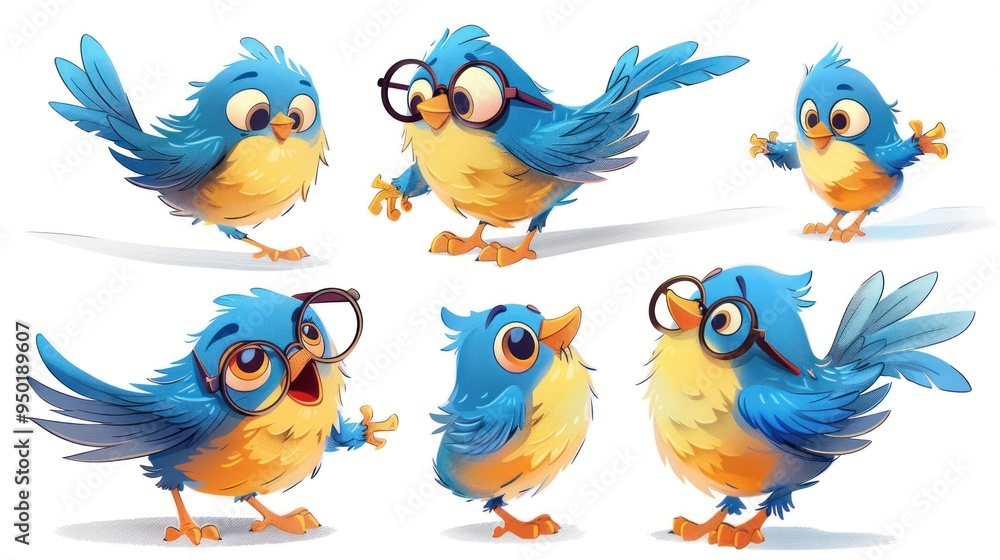 Obraz premium A collection of cute, cartoonish blue birds with various expressions and glasses.